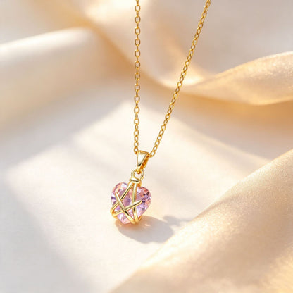 Sweet Heart Shape Necklace For Women In Gold 304 Stainless Steel With Rhinestones On Cable Chain