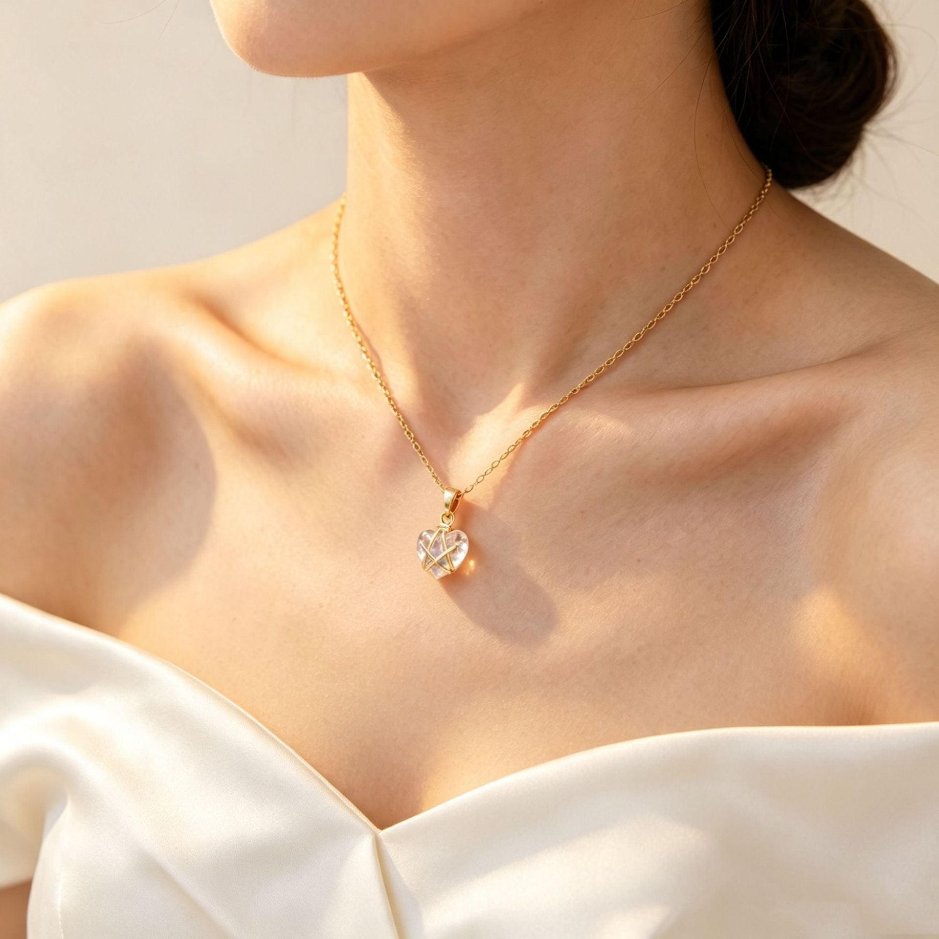 Sweet Heart Shape Necklace For Women In Gold 304 Stainless Steel With Rhinestones On Cable Chain