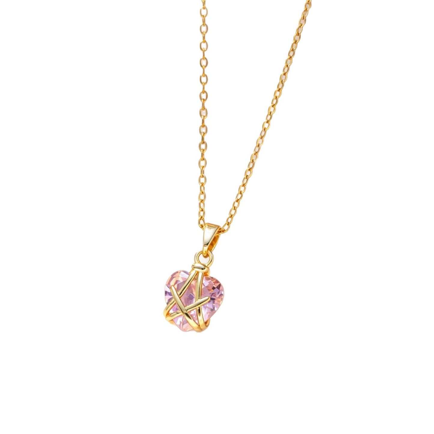 Sweet Heart Shape Necklace For Women In Gold 304 Stainless Steel With Rhinestones On Cable Chain