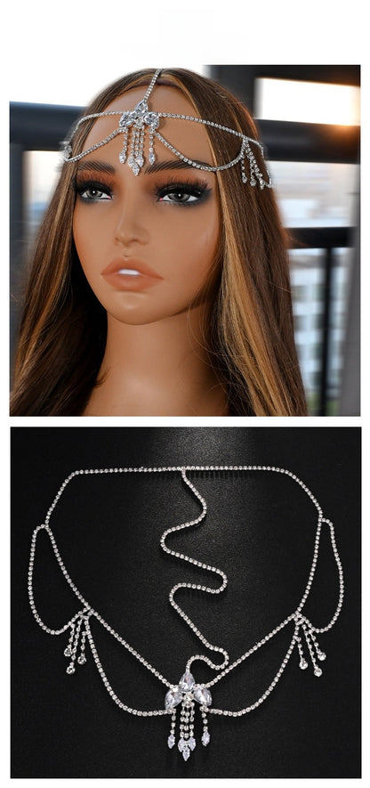 Ethnic Style Tassel Hair Chain Insert Comb Featuring Rhinestones In Silver