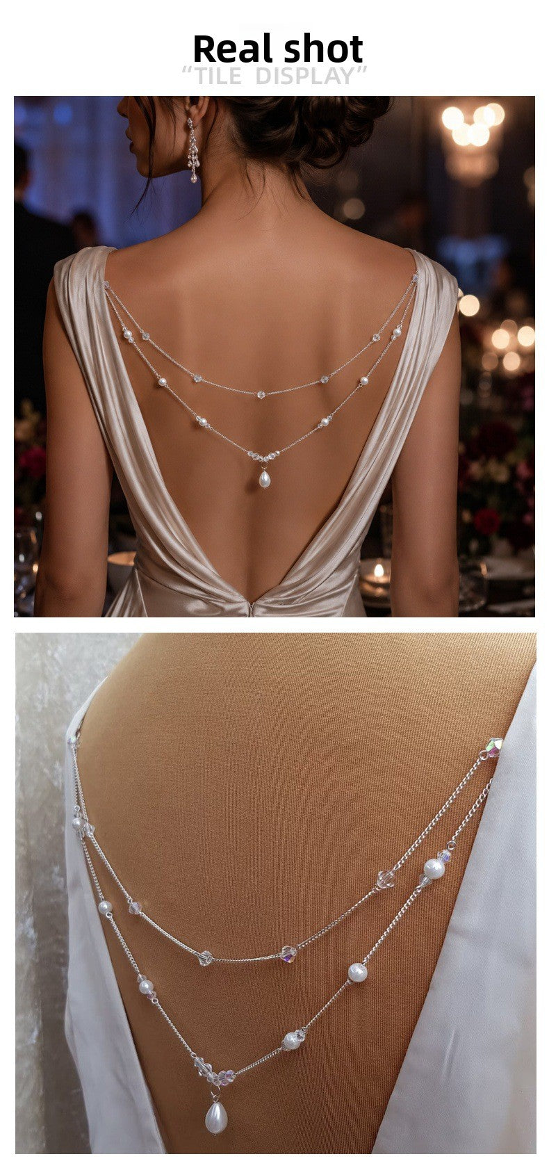 Women’s Silver Alloy Body Chain With White Crystal Inlay Featuring Pearl Pattern And Electroplated Finish