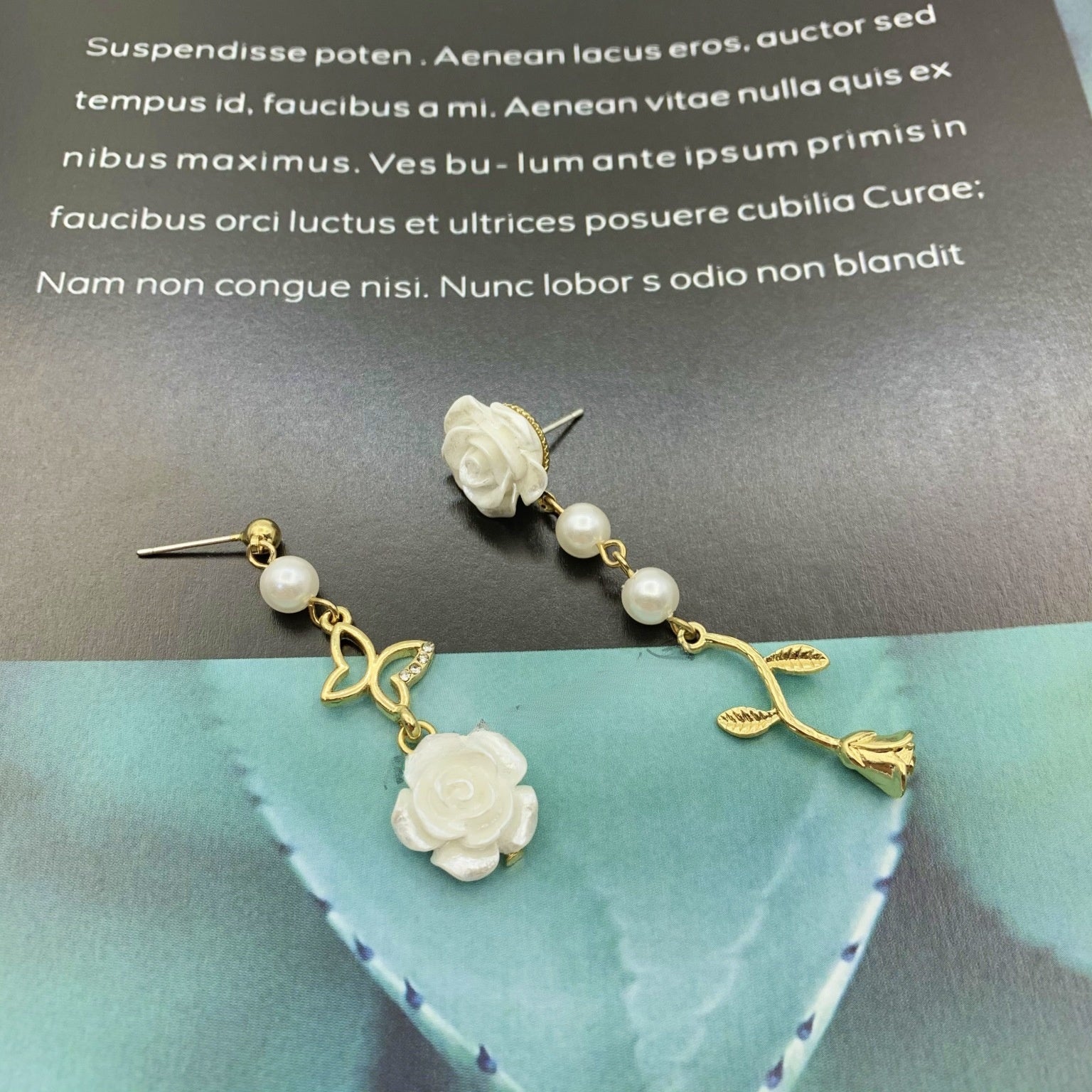 Sweet Asymmetrical Rose Stud Earrings In Silver Alloy With Artificial Pearl Inlay, Featuring Electroplated Craft