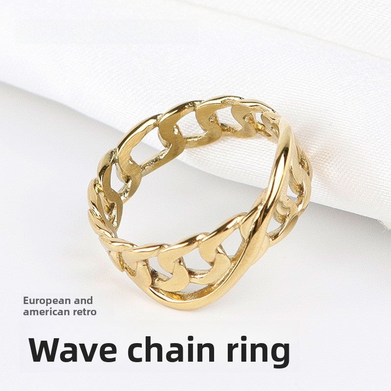 Infinity Wave Ring For Women In Titanium Steel With 14K Real Gold Electroplated Finish, Elegant Gold Tone