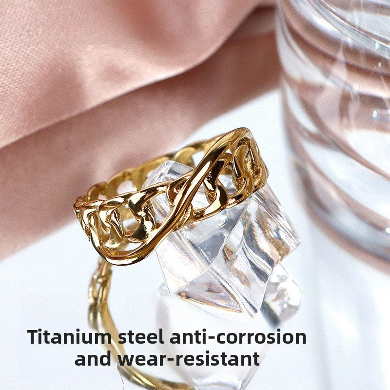 Infinity Wave Ring For Women In Titanium Steel With 14K Real Gold Electroplated Finish, Elegant Gold Tone