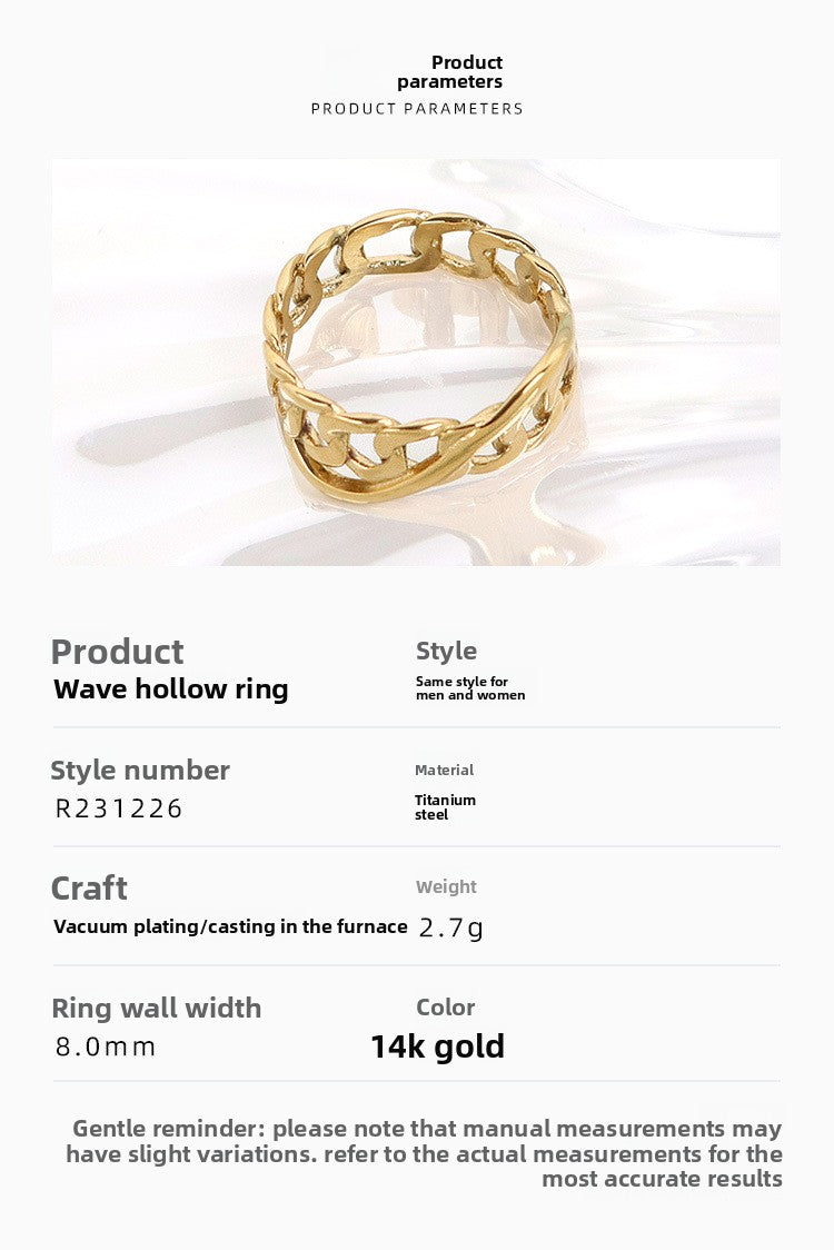 Infinity Wave Ring For Women In Titanium Steel With 14K Real Gold Electroplated Finish, Elegant Gold Tone