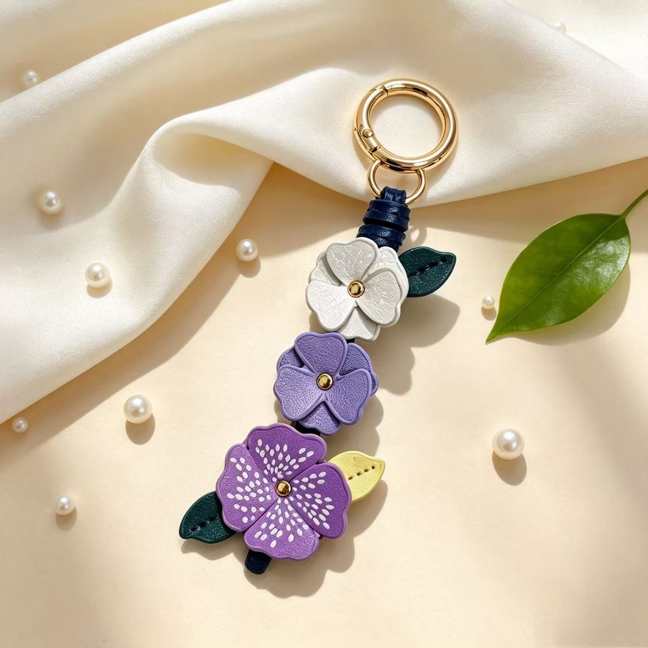 Natural Pink Flowers Key Chain With Sweet Style, Printed On Durable Pu Leather, Perfect Spring Accessory