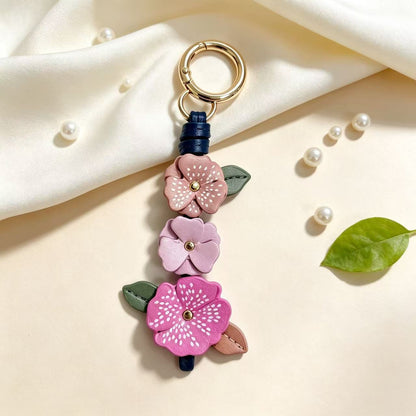 Natural Pink Flowers Key Chain With Sweet Style, Printed On Durable Pu Leather, Perfect Spring Accessory