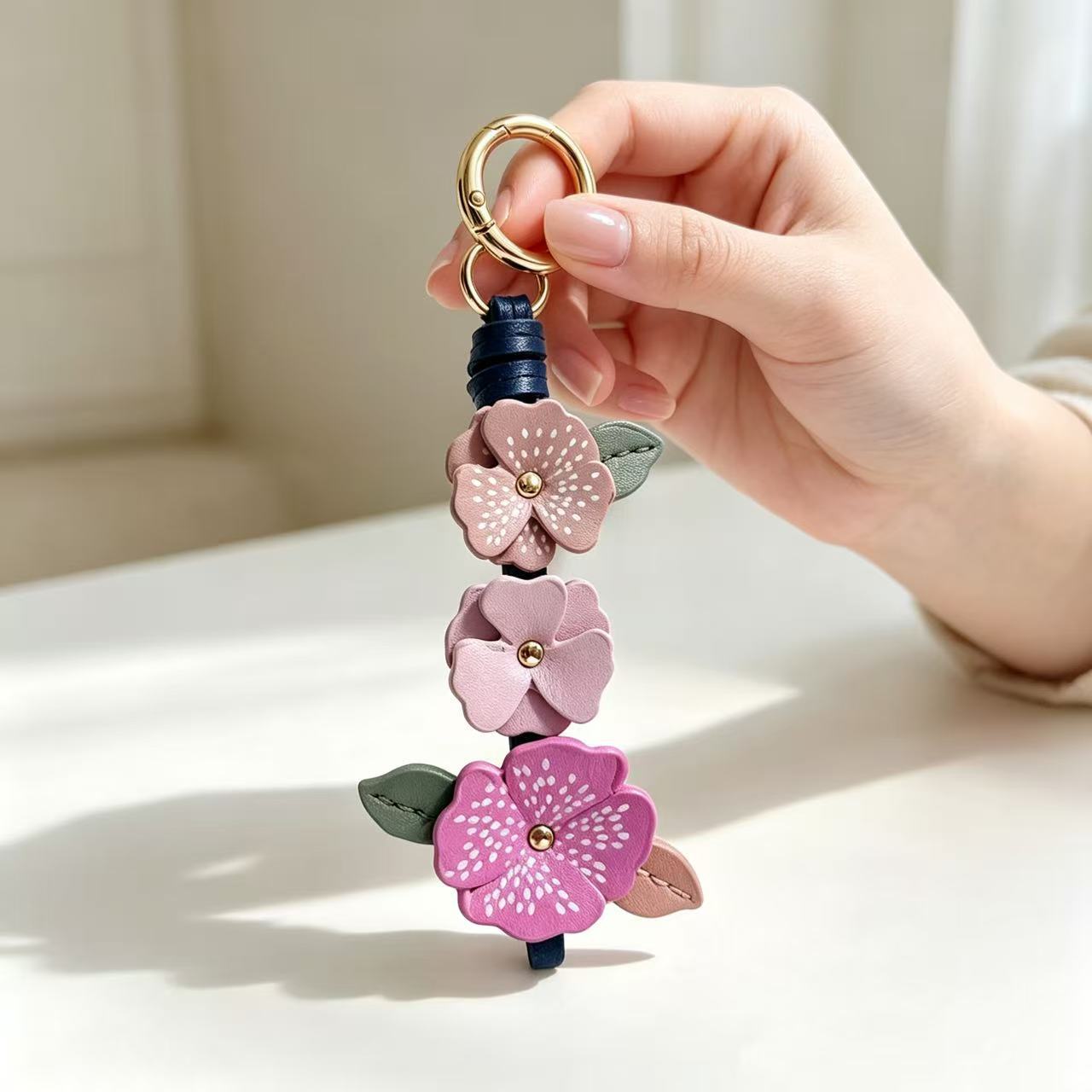 Natural Pink Flowers Key Chain With Sweet Style, Printed On Durable Pu Leather, Perfect Spring Accessory