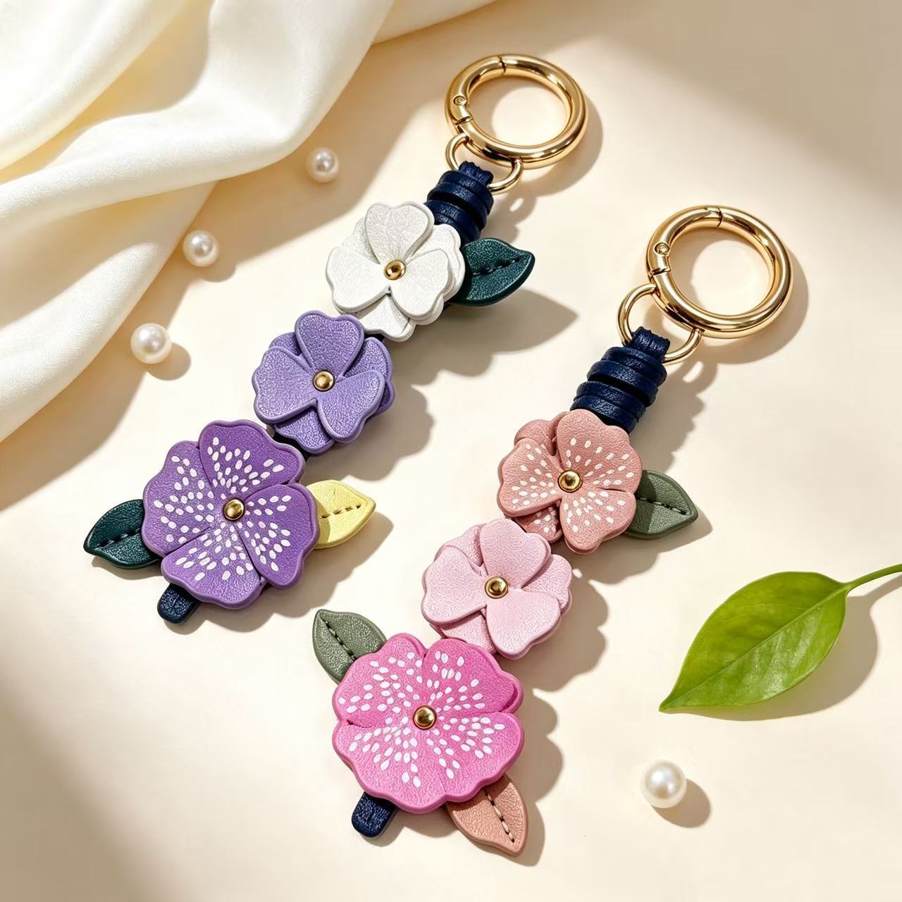 Natural Pink Flowers Key Chain With Sweet Style, Printed On Durable Pu Leather, Perfect Spring Accessory