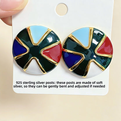 Round Enamel Stud Earrings For Women In Silver Featuring 925 Sterling Silver Ear Pins And Zinc Alloy Material