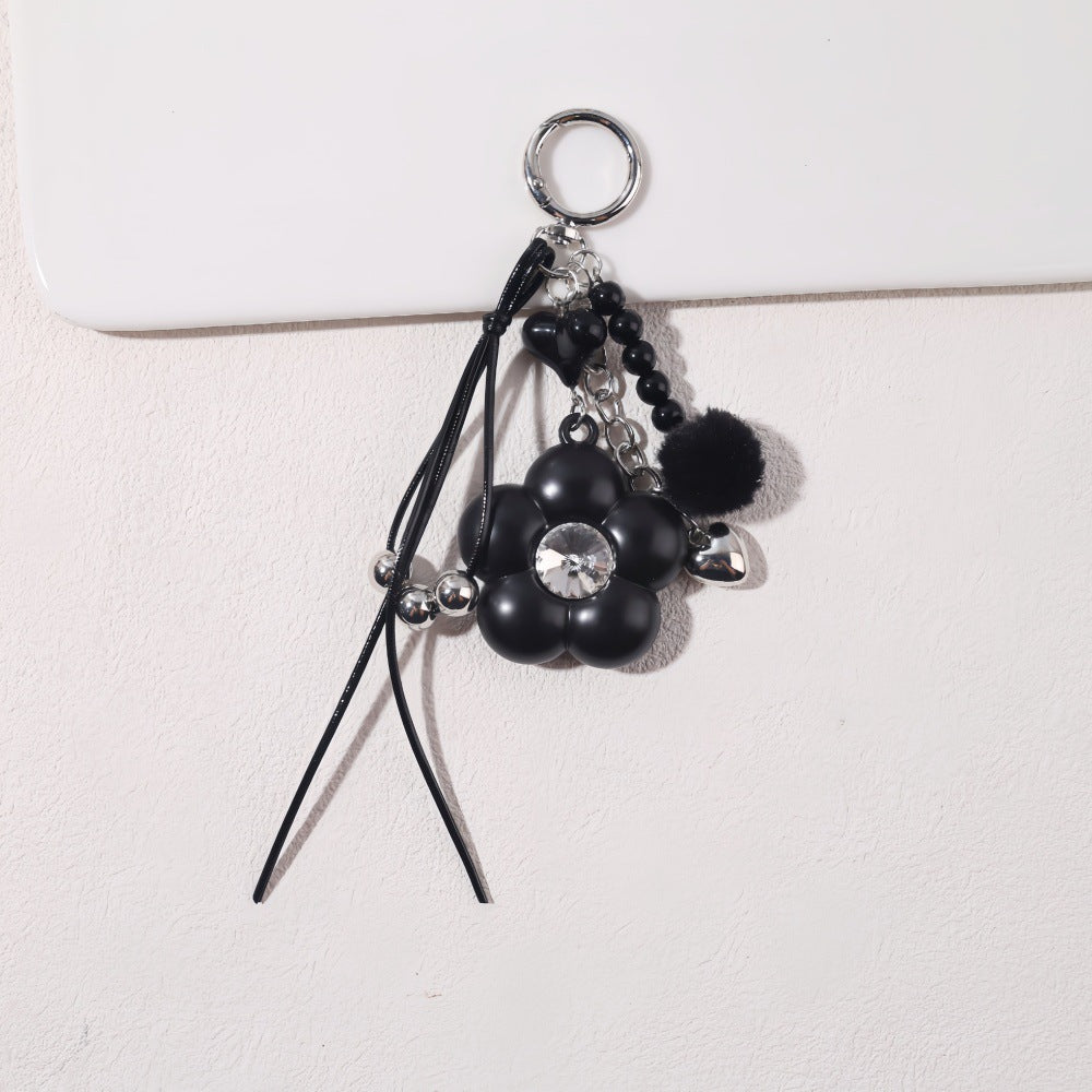 Dyed Black Flowers Bag Pendant With Diamond Inlay In Metal, Stylish Key Chain Accessory
