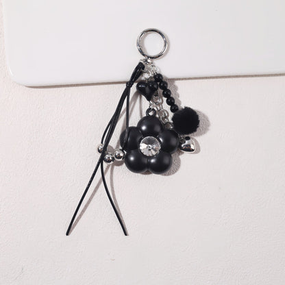 Dyed Black Flowers Bag Pendant With Diamond Inlay In Metal, Stylish Key Chain Accessory