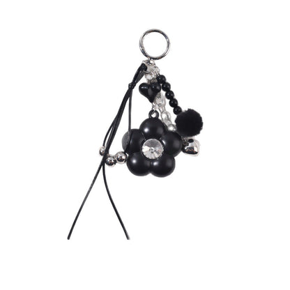 Dyed Black Flowers Bag Pendant With Diamond Inlay In Metal, Stylish Key Chain Accessory
