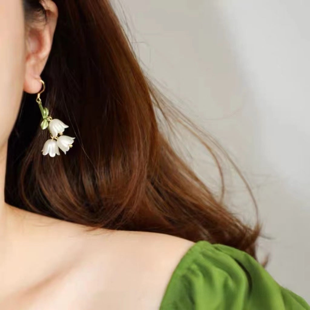 Green Enamel Flower Ear Hook Earrings For Women In Alloy