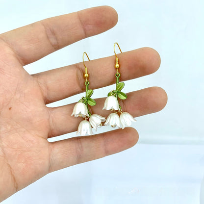 Green Enamel Flower Ear Hook Earrings For Women In Alloy
