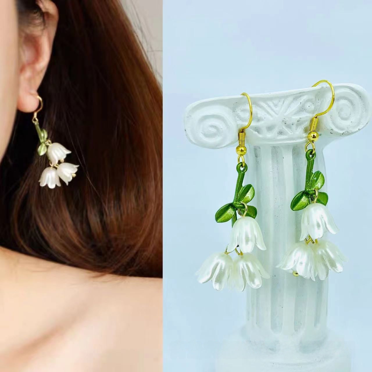Green Enamel Flower Ear Hook Earrings For Women In Alloy