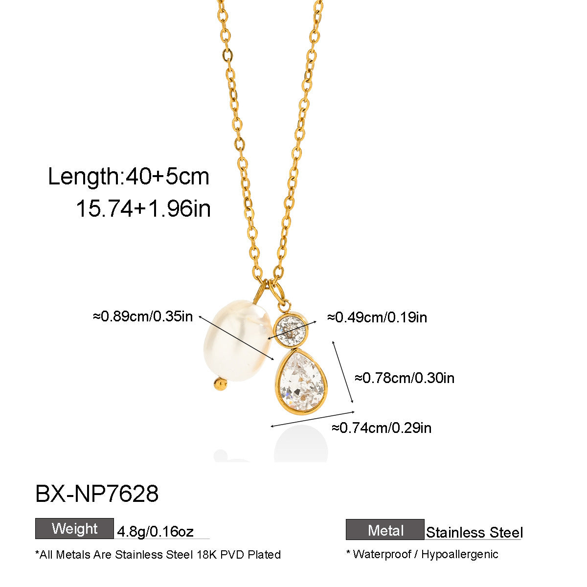 Multicolor Freshwater Pearl Necklace For Women With Zircon Inlay, 18K Real Gold Plated And PVD Coated