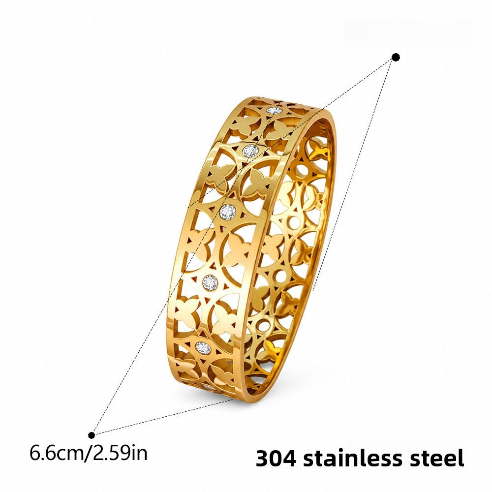 Women’s Wide Butterfly Bracelet Bangle In Gold With Electroplated Titanium Steel And Zircon Inlay