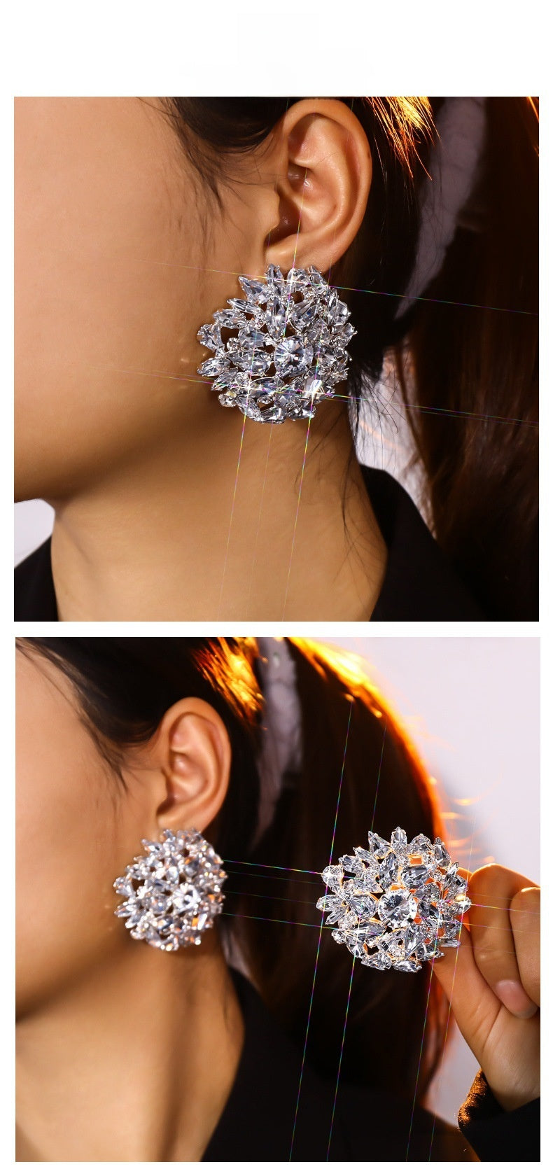 Geometric Silver Alloy Clip Earrings For Women With Rhinestone Inlay