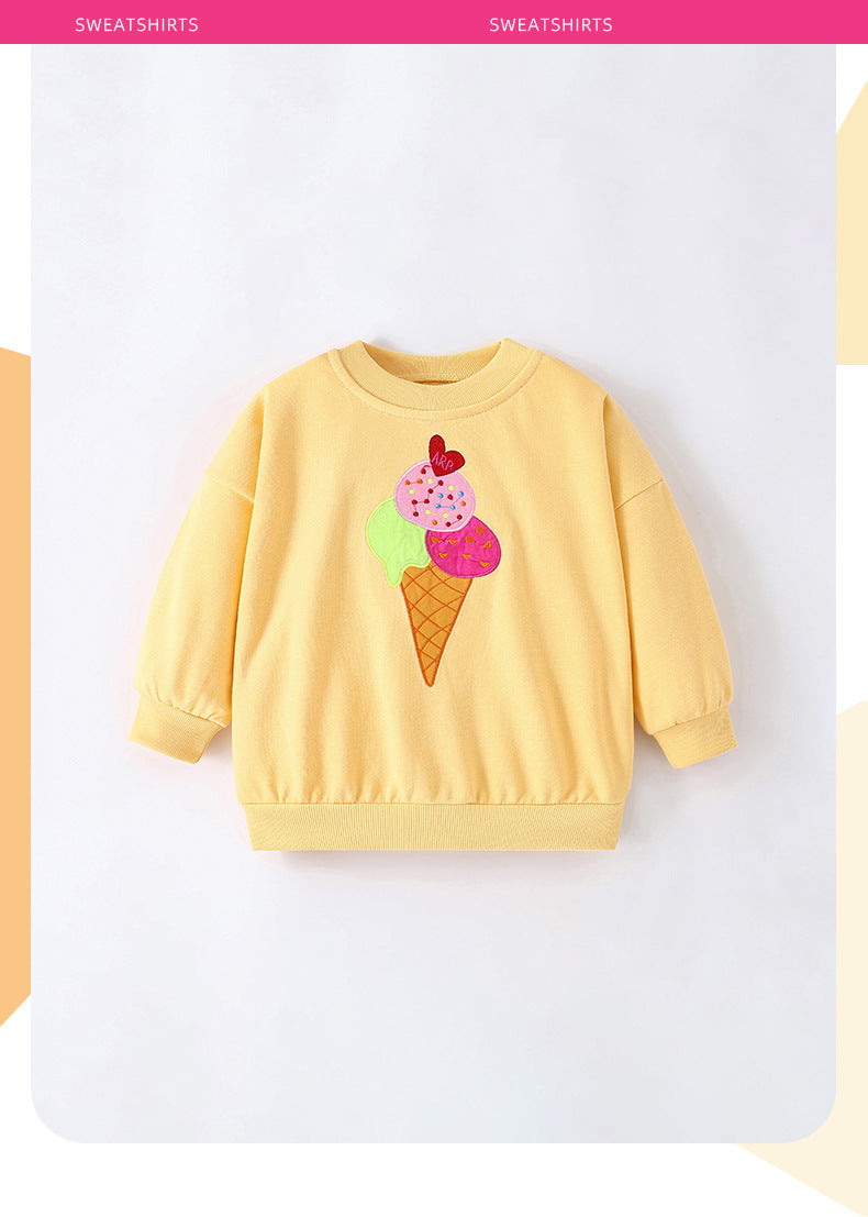 Girls' Cartoon Cotton Pullover Sweatshirt With Round Neck And Long Sleeves For Toddlers 3-6 Years