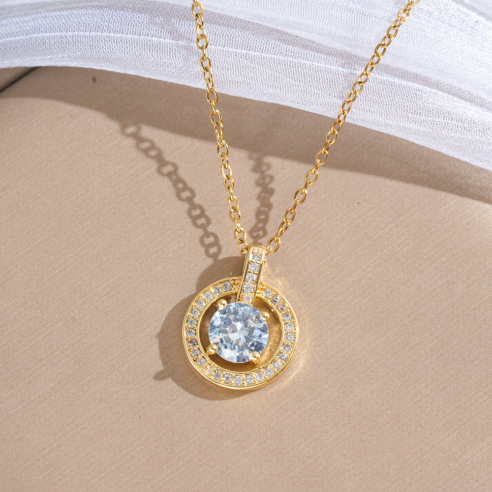 Round Pendant Necklace For Women In 18K Real Gold Plated Titanium Steel With Zircon Inlay And Cable Chain