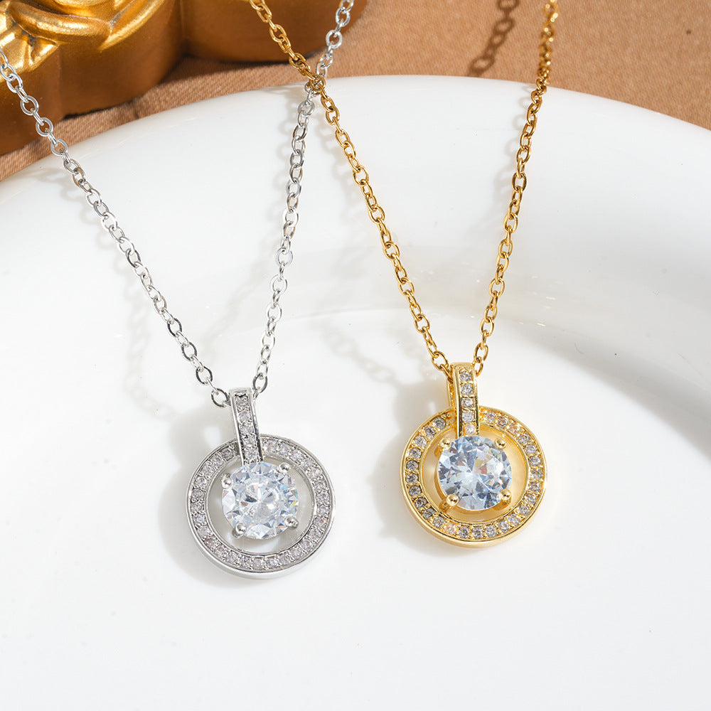 Round Pendant Necklace For Women In 18K Real Gold Plated Titanium Steel With Zircon Inlay And Cable Chain