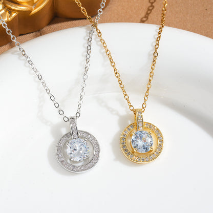 Round Pendant Necklace For Women In 18K Real Gold Plated Titanium Steel With Zircon Inlay And Cable Chain