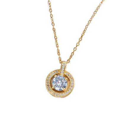 Round Pendant Necklace For Women In 18K Real Gold Plated Titanium Steel With Zircon Inlay And Cable Chain