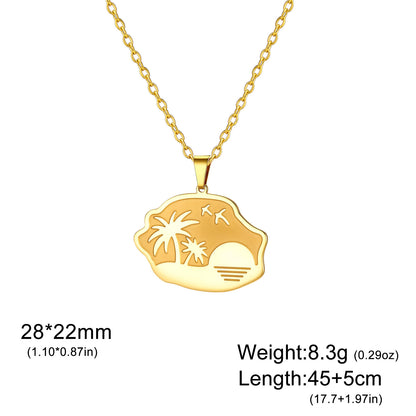 Coconut Tree Pendant Necklace In 304 Stainless Steel With 18K Real Gold Plated Cable Chain, Tropical Style Unisex Jewelry