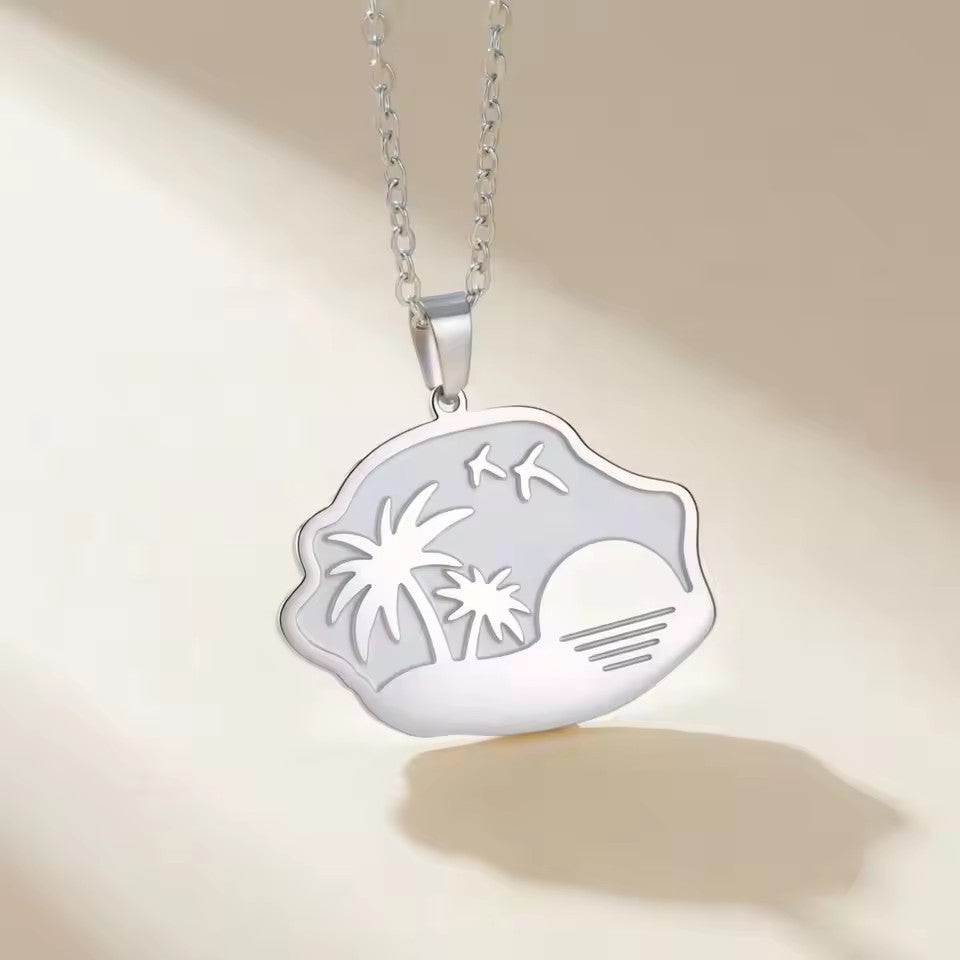 Coconut Tree Pendant Necklace In 304 Stainless Steel With 18K Real Gold Plated Cable Chain, Tropical Style Unisex Jewelry