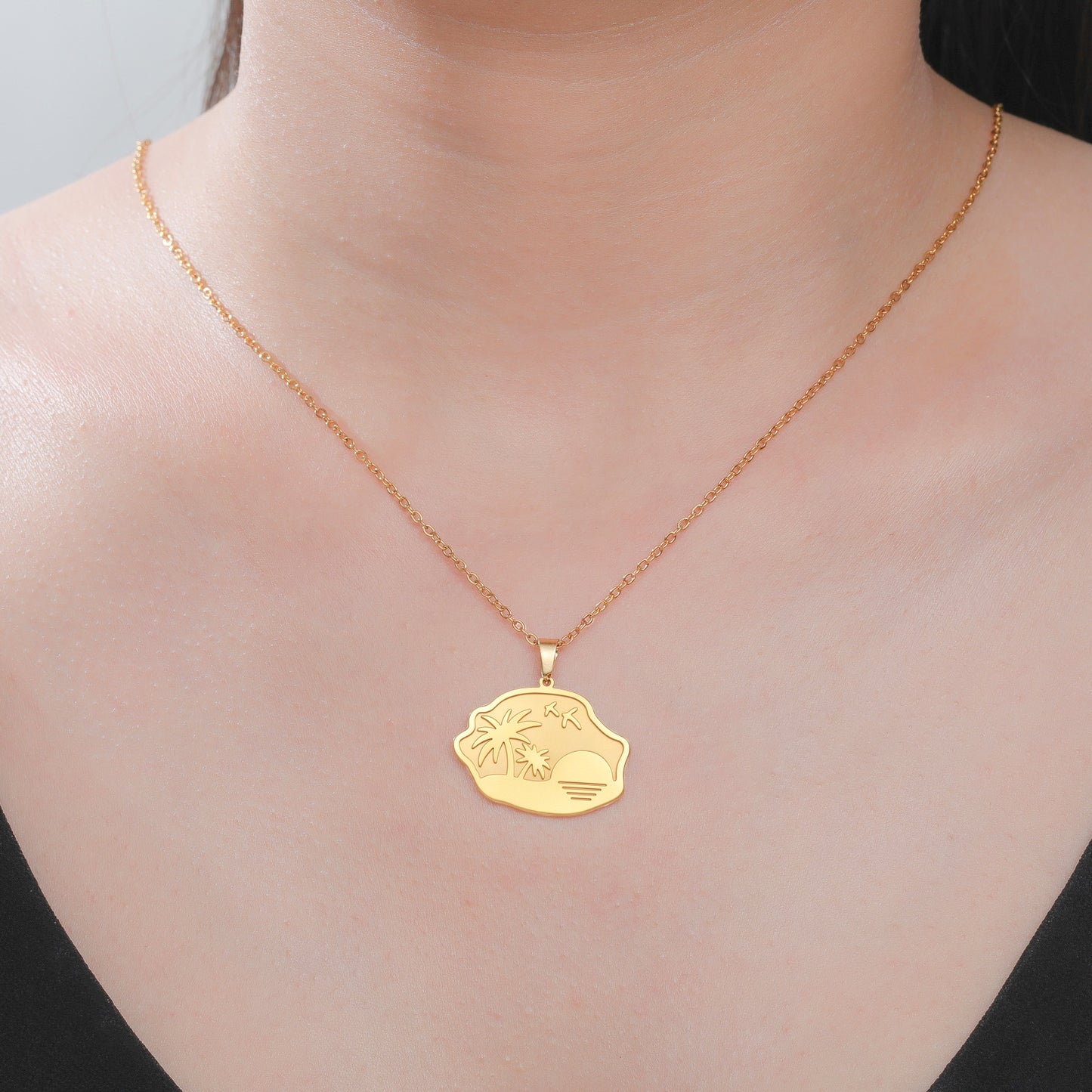 Coconut Tree Pendant Necklace In 304 Stainless Steel With 18K Real Gold Plated Cable Chain, Tropical Style Unisex Jewelry
