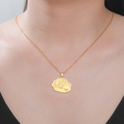Coconut Tree Pendant Necklace In 304 Stainless Steel With 18K Real Gold Plated Cable Chain, Tropical Style Unisex Jewelry