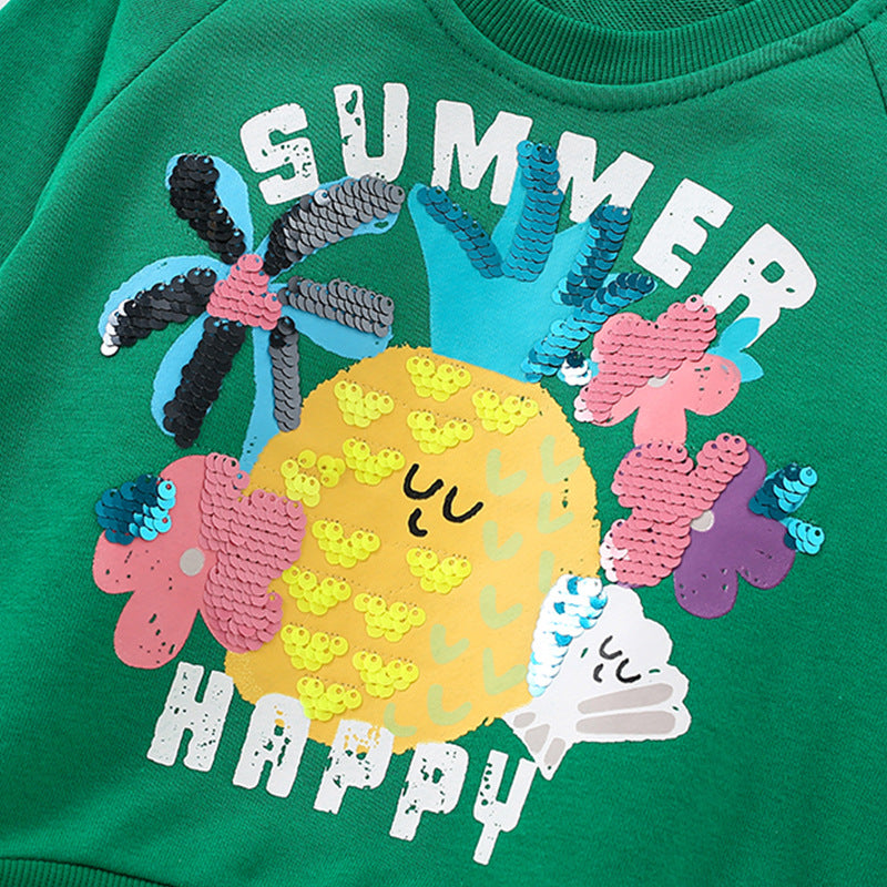 Cartoon Girl's Cotton Pullover Sweatshirt With Round Neck And Long Sleeves For Toddlers 3-6 Years