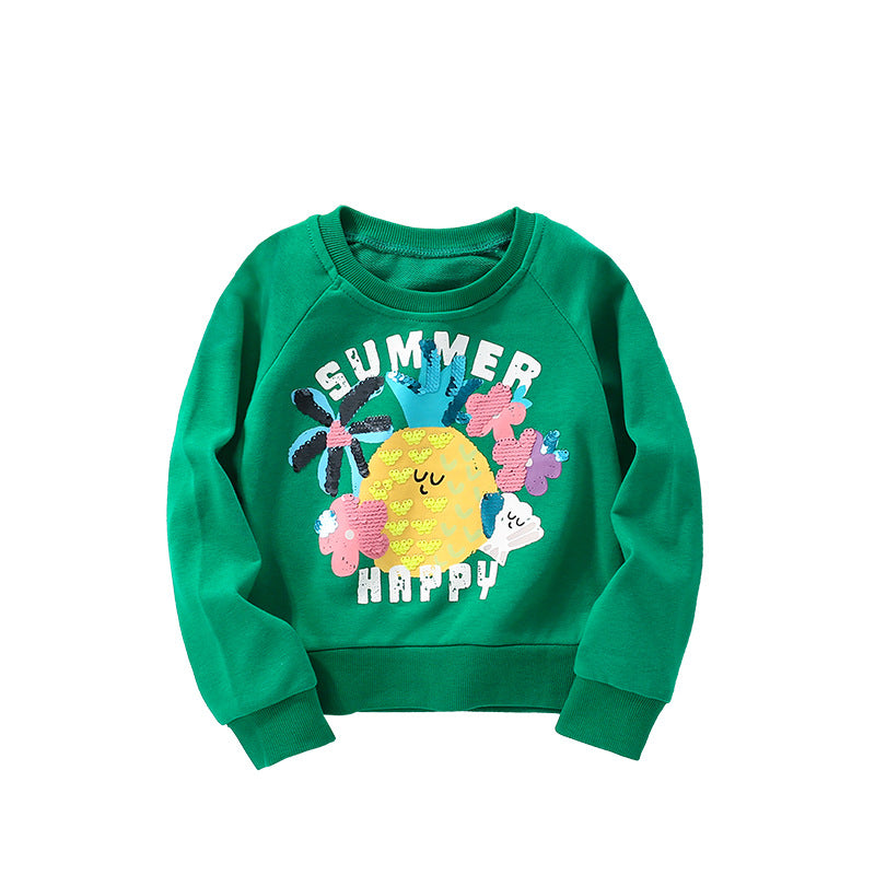 Cartoon Girl's Cotton Pullover Sweatshirt With Round Neck And Long Sleeves For Toddlers 3-6 Years