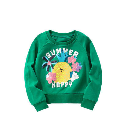 Cartoon Girl's Cotton Pullover Sweatshirt With Round Neck And Long Sleeves For Toddlers 3-6 Years