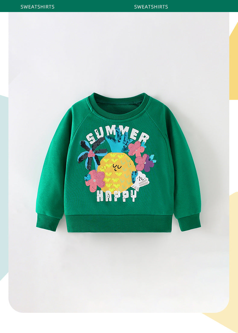 Cartoon Girl's Cotton Pullover Sweatshirt With Round Neck And Long Sleeves For Toddlers 3-6 Years