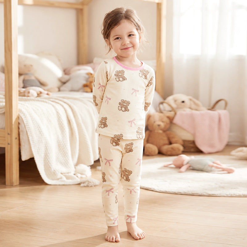 Cute Cartoon Children's Home Clothes Set In Soft Cotton With Round Neck And Long Sleeves For Autumn