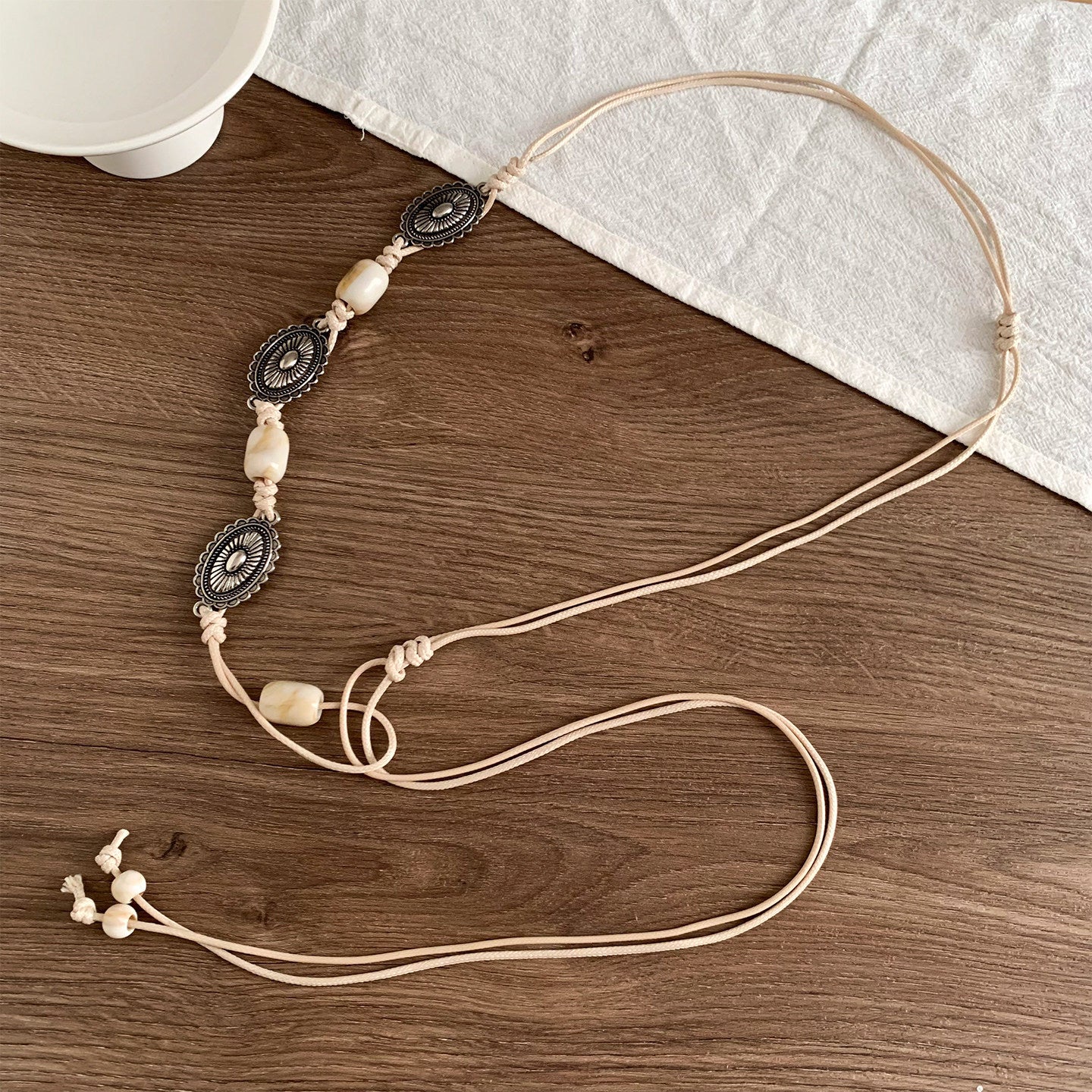 Ethnic Style Women’s Waist Chain Belt With Beading And Braid Finish In Beige