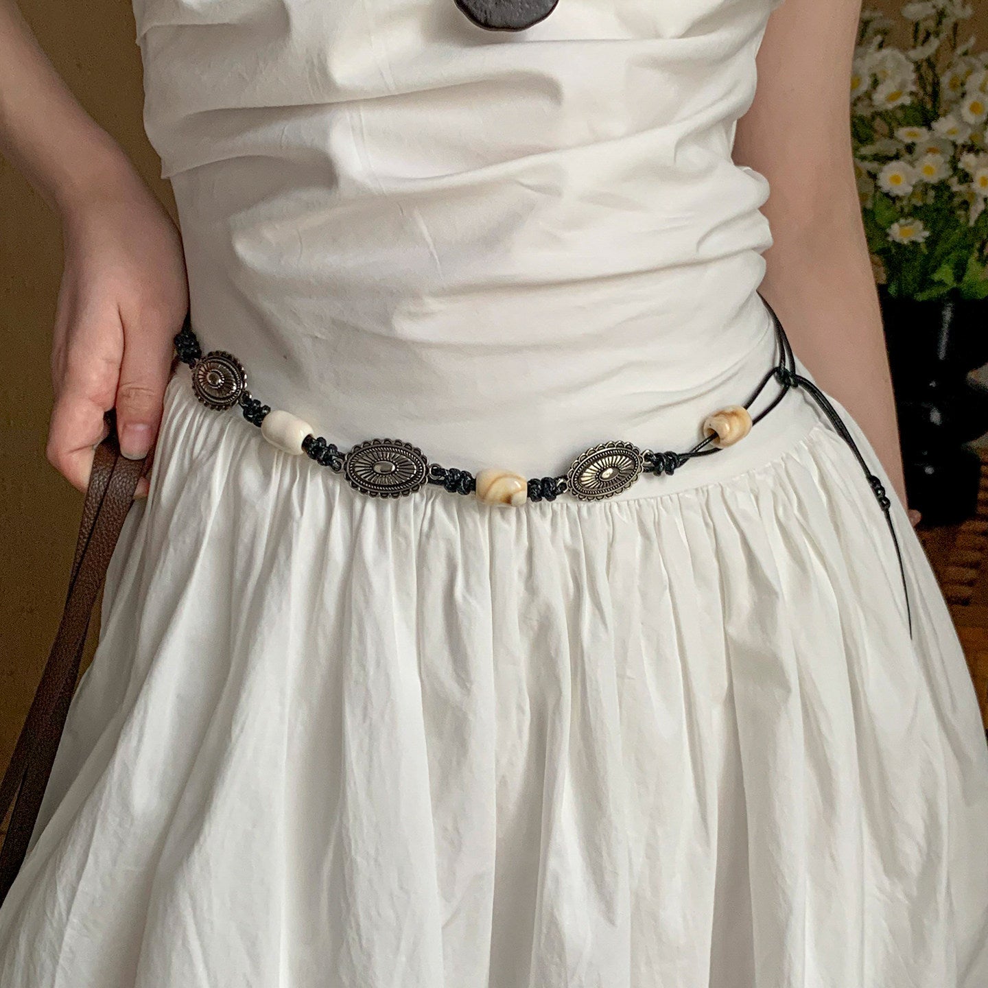Ethnic Style Women’s Waist Chain Belt With Beading And Braid Finish In Beige