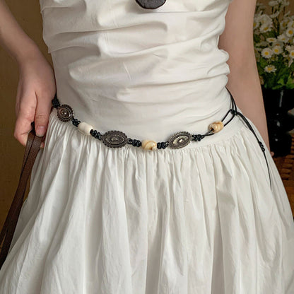 Ethnic Style Women’s Waist Chain Belt With Beading And Braid Finish In Beige