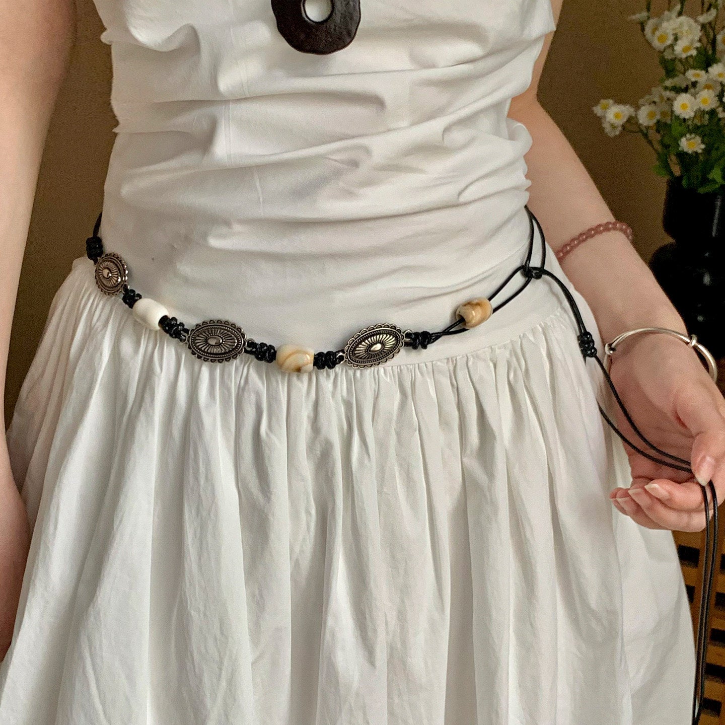Ethnic Style Women’s Waist Chain Belt With Beading And Braid Finish In Beige