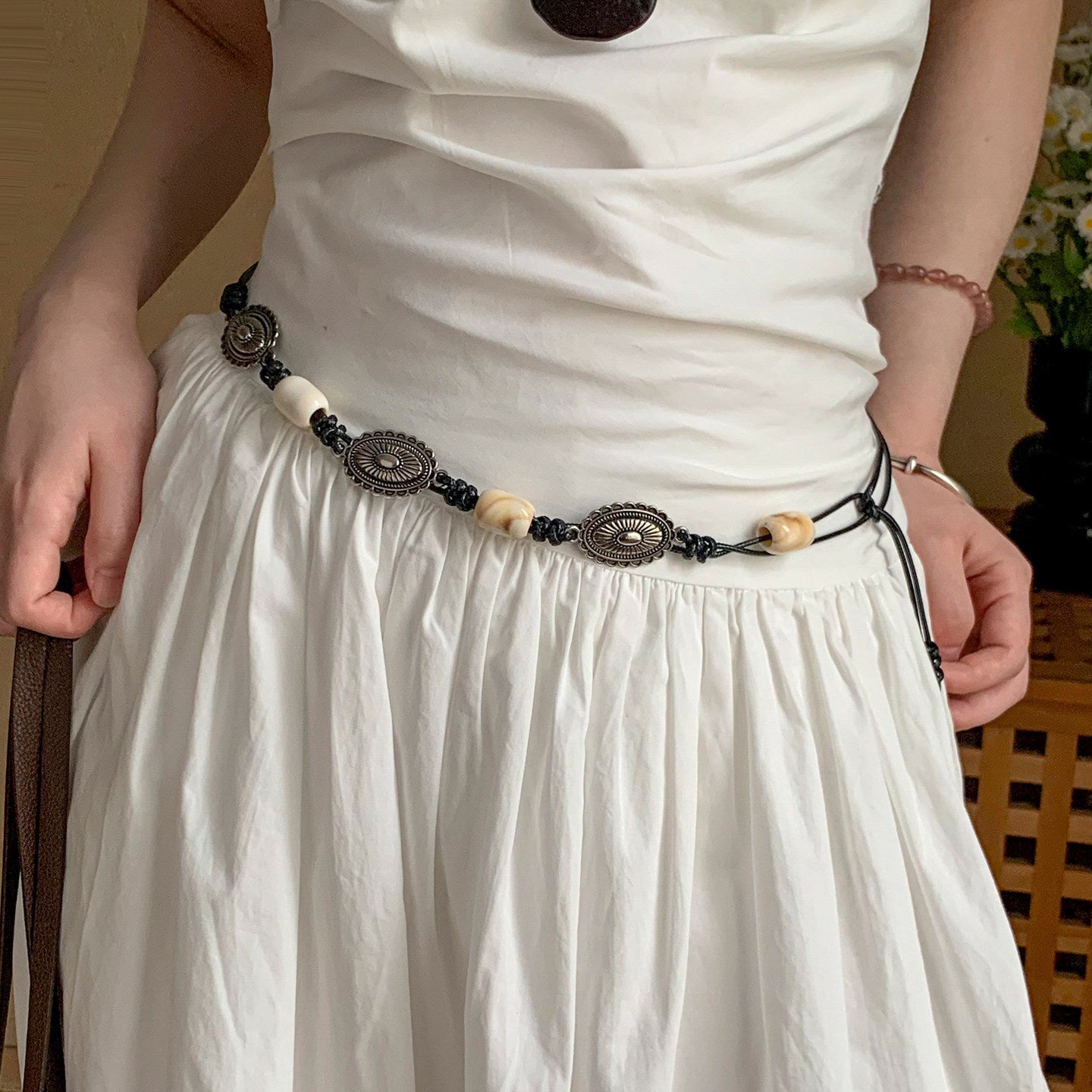 Ethnic Style Women’s Waist Chain Belt With Beading And Braid Finish In Beige