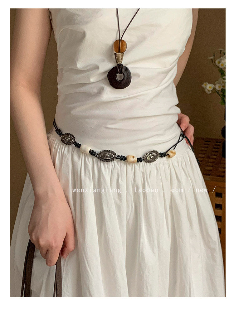 Ethnic Style Women’s Waist Chain Belt With Beading And Braid Finish In Beige
