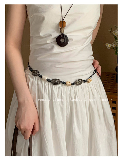 Ethnic Style Women’s Waist Chain Belt With Beading And Braid Finish In Beige