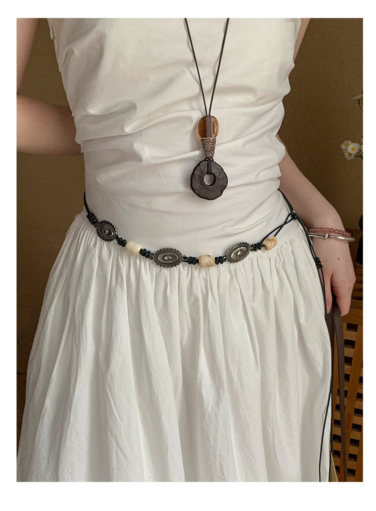 Ethnic Style Women’s Waist Chain Belt With Beading And Braid Finish In Beige