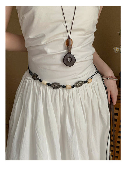 Ethnic Style Women’s Waist Chain Belt With Beading And Braid Finish In Beige