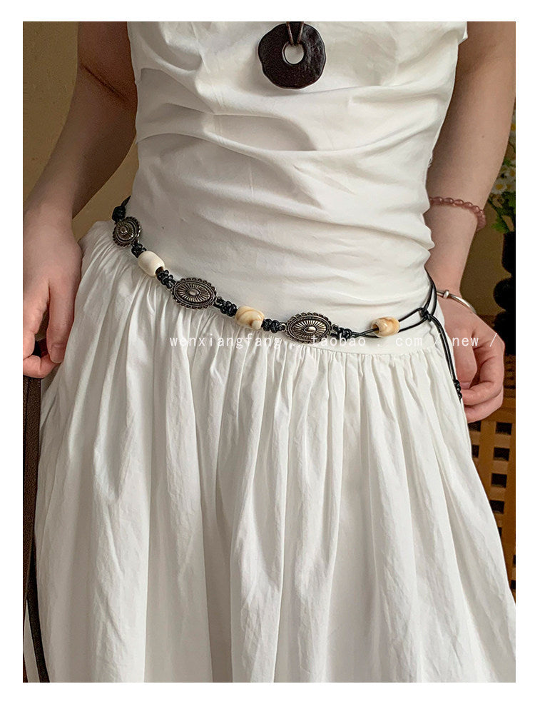 Ethnic Style Women’s Waist Chain Belt With Beading And Braid Finish In Beige