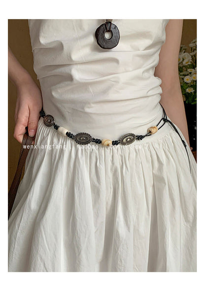 Ethnic Style Women’s Waist Chain Belt With Beading And Braid Finish In Beige