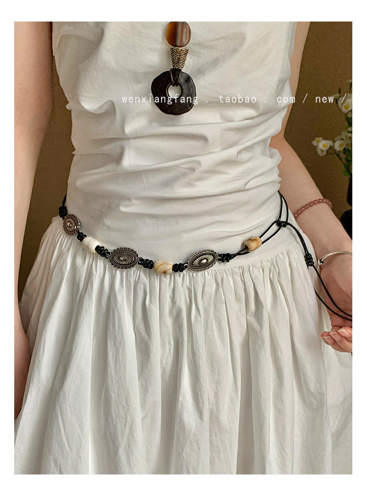 Ethnic Style Women’s Waist Chain Belt With Beading And Braid Finish In Beige