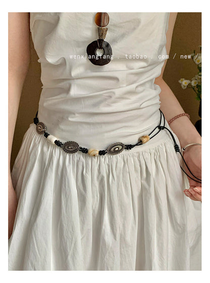 Ethnic Style Women’s Waist Chain Belt With Beading And Braid Finish In Beige